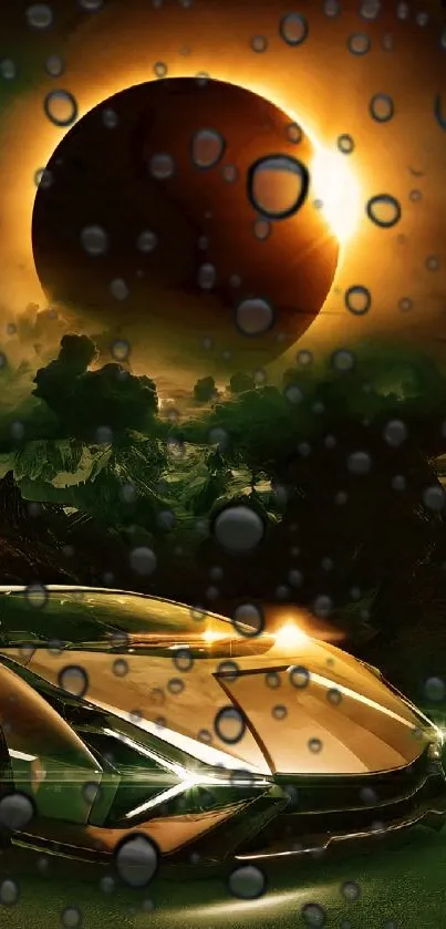 Futuristic car under solar eclipse with vivid golden hues.