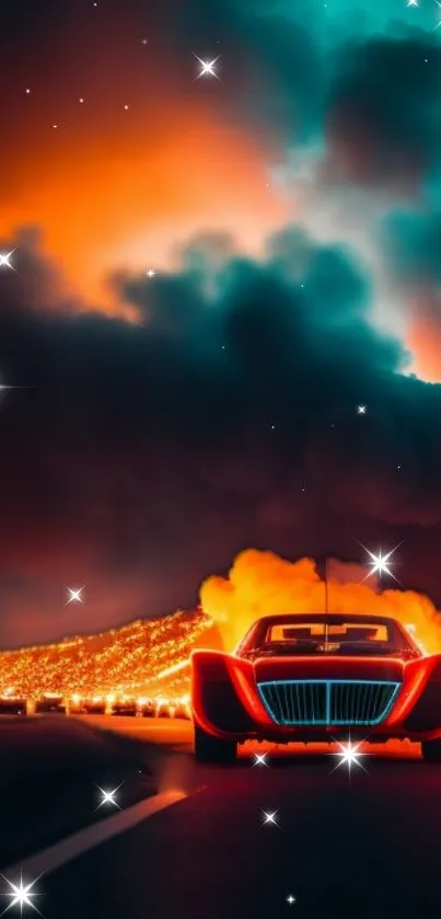 Futuristic car racing under a vivid starry sky and colorful clouds.