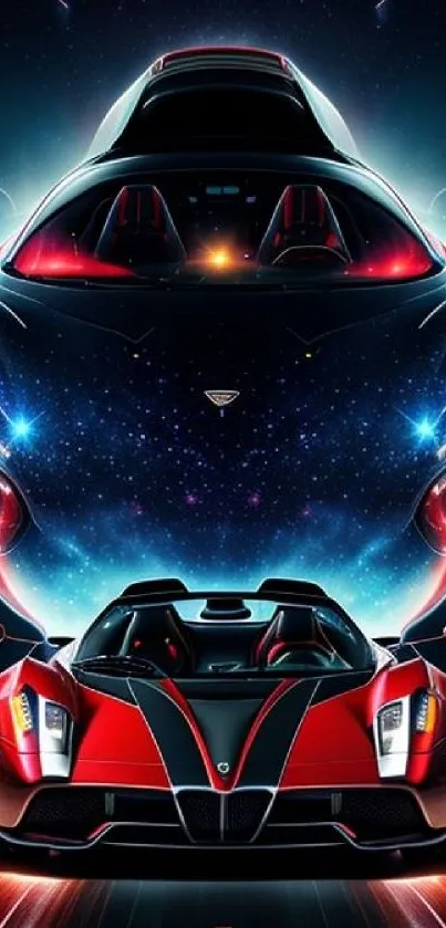 Futuristic car and spaceship in a cosmic setting, vibrant design.