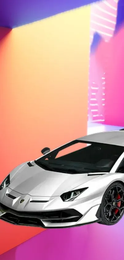 Sleek white sports car in a neon, coral and purple gradient background.