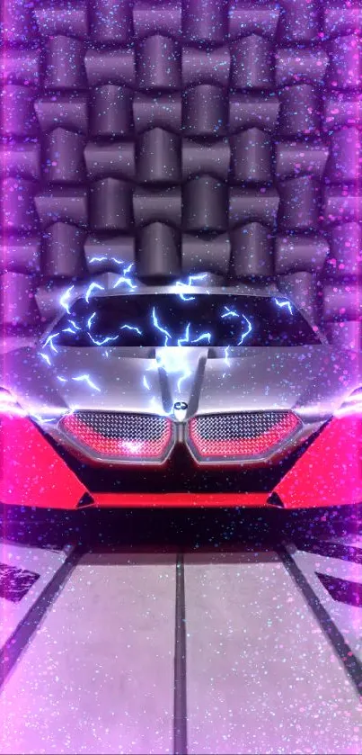 Futuristic car with red accents against a modern backdrop.