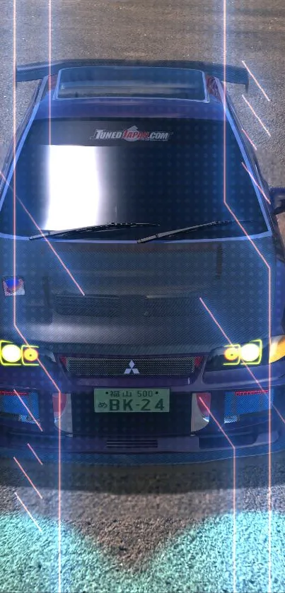 Futuristic car with glowing lights and digital effects on a road.