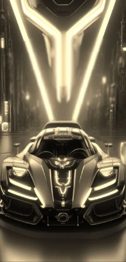 Futuristic car with glowing lights in an urban setting on mobile wallpaper.