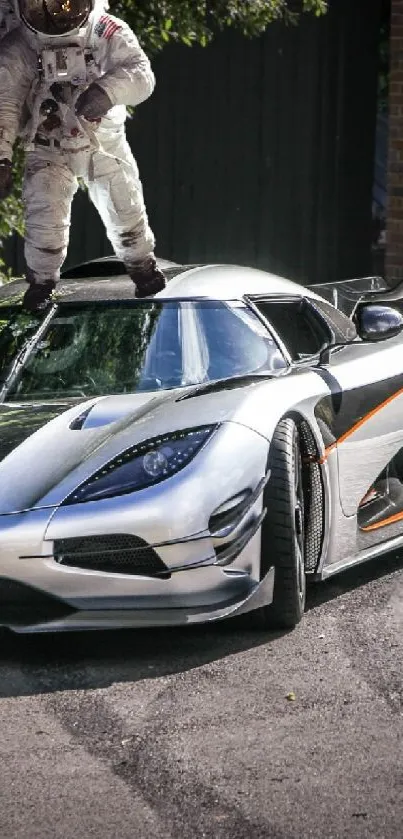 Futuristic supercar with an astronaut on top, set in an urban environment.