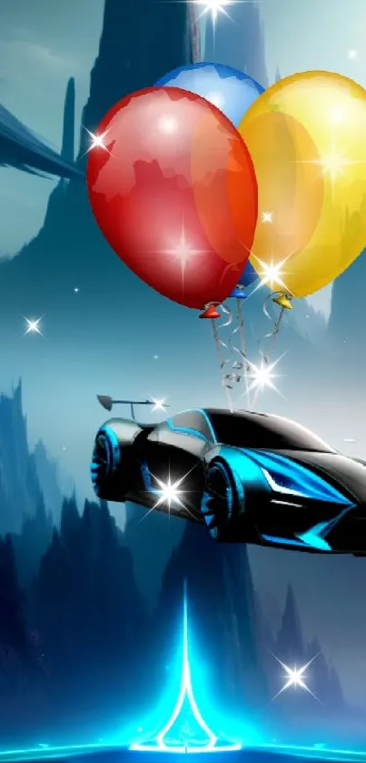 Futuristic black car with colorful balloons in a mystical mountain landscape.