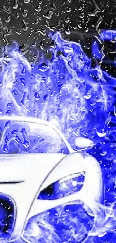 Sleek car engulfed in blue flames on a dark background.