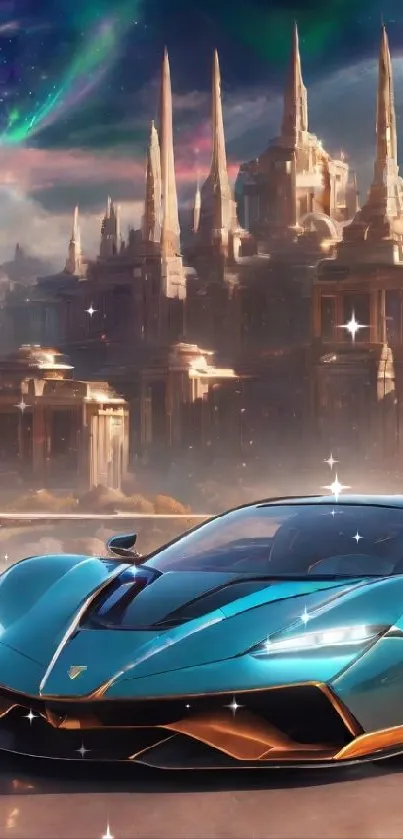 Futuristic car in a cosmic cityscape with vibrant colors and a sci-fi theme.