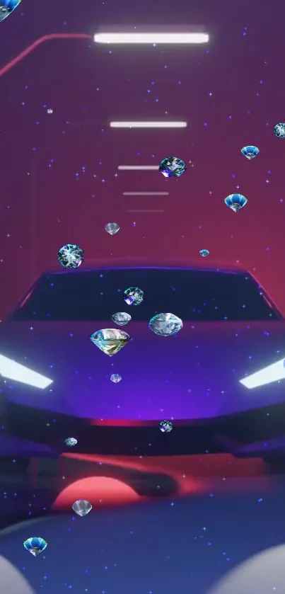 Futuristic car with floating diamonds on a purple background.