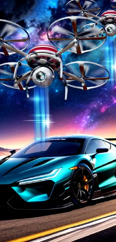 Futuristic car and drones under a starry cosmic sky wallpaper.