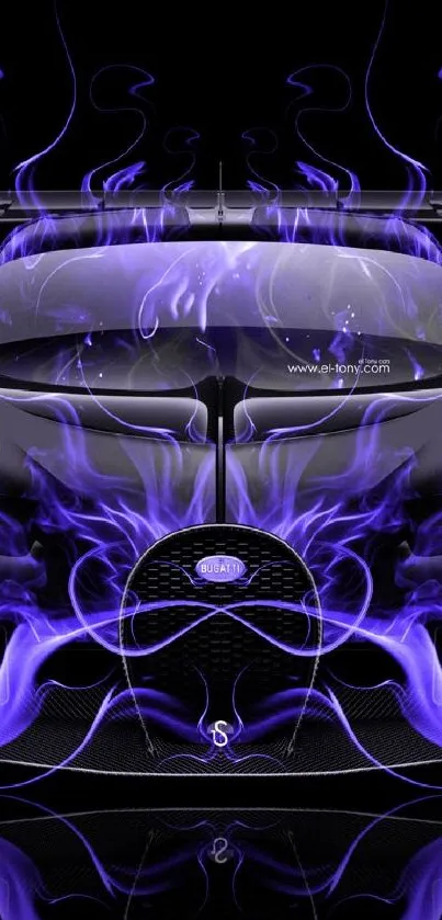 Futuristic car with purple neon flames on black background.