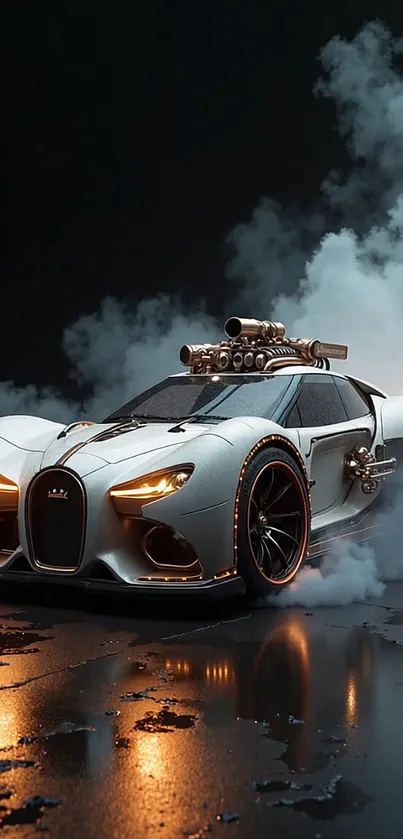 Futuristic car with neon lights and smoke effects.