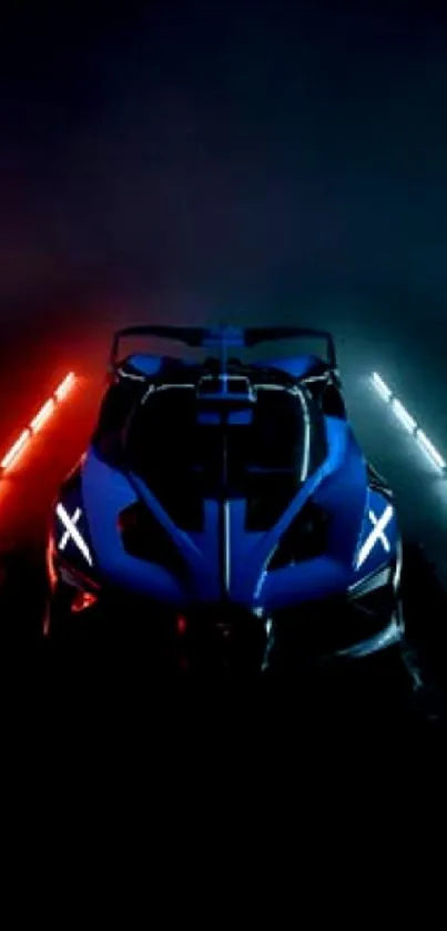 Futuristic car with blue and red neon lights on a dark background.