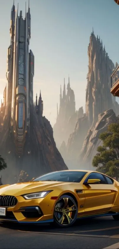 Yellow sports car in futuristic cityscape with sci-fi buildings.