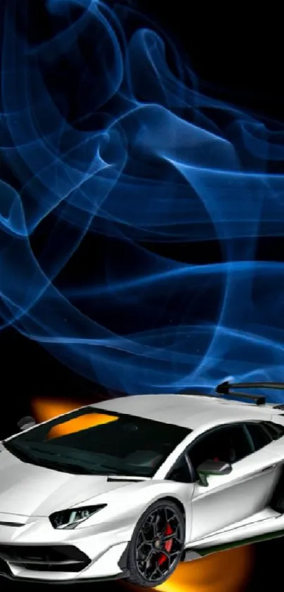 Futuristic white sports car with blue smoke on black background.