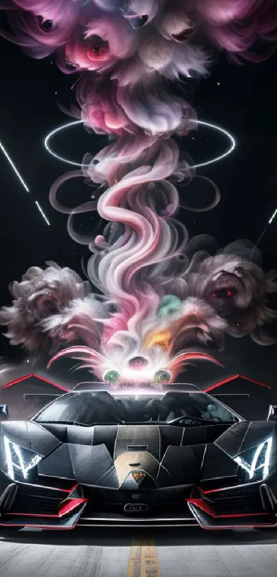 Futuristic car with colorful smoke art.