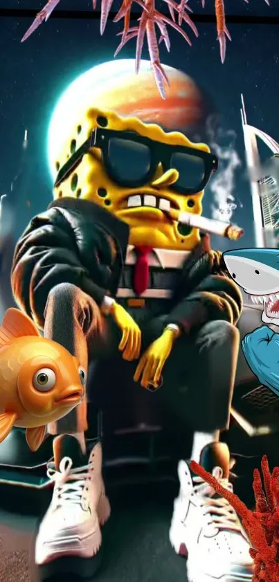 Cartoon character in a futuristic city with a cosmic background.