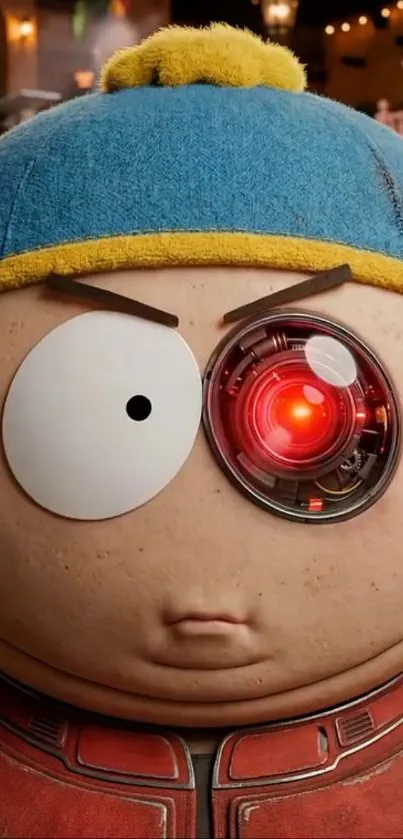 Animated character with red mechanical eye.