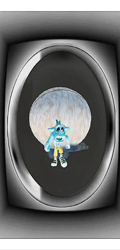 Futuristic cartoon character in metallic frame on mobile wallpaper.