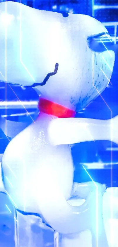 Futuristic cartoon dog with glowing blue design on mobile wallpaper.
