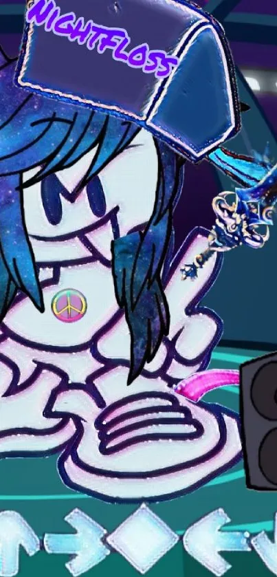 Futuristic cartoon character in galaxy-themed wallpaper.