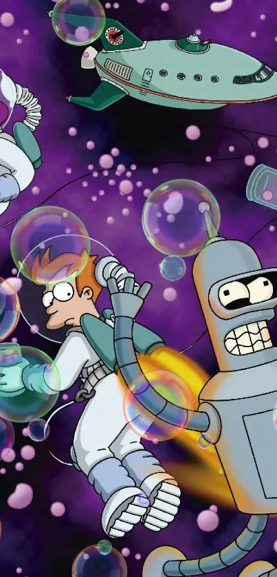 Cartoon characters floating in a vibrant purple space scene.