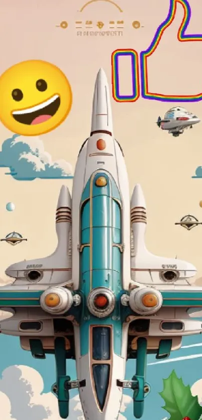 Futuristic spacecraft with emojis in sky.