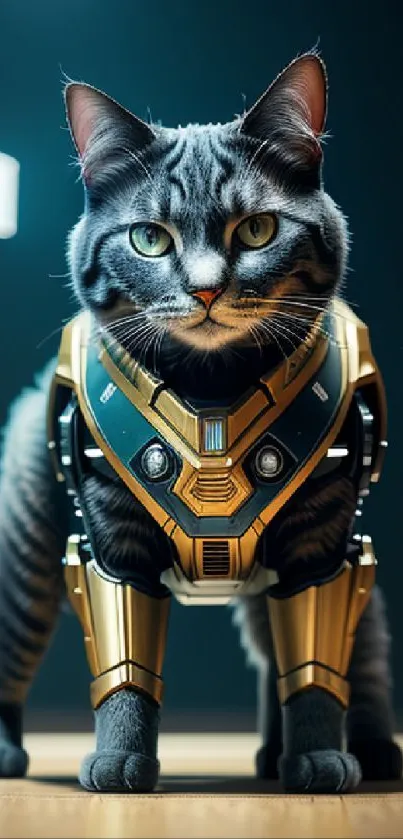 Futuristic cat in gold armor on a dark background.