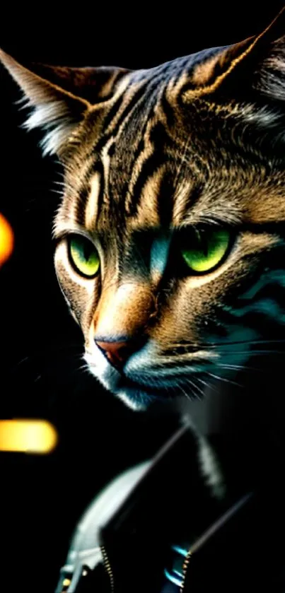 Futuristic cat with neon eyes in digital art style, on black background.