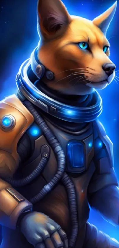 Futuristic cat wearing a spacesuit in blue tones.