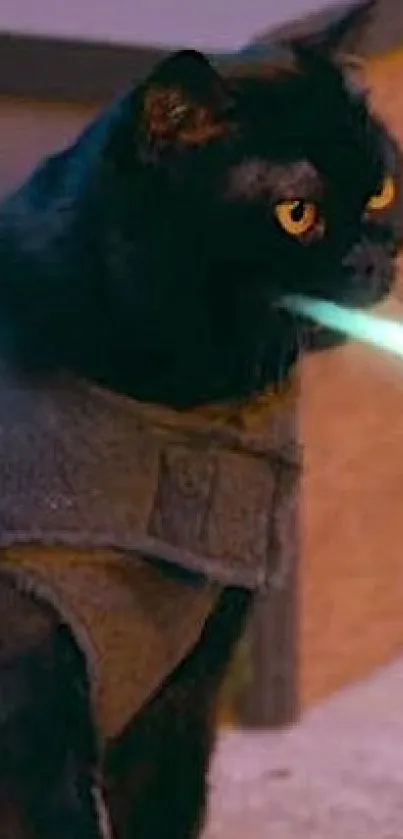 Black cat blowing light beam with glowing eyes wearing a futuristic vest.