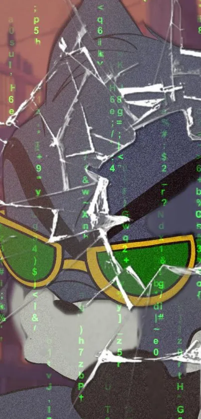 Futuristic cat art with green code matrix and cracked glass effect.