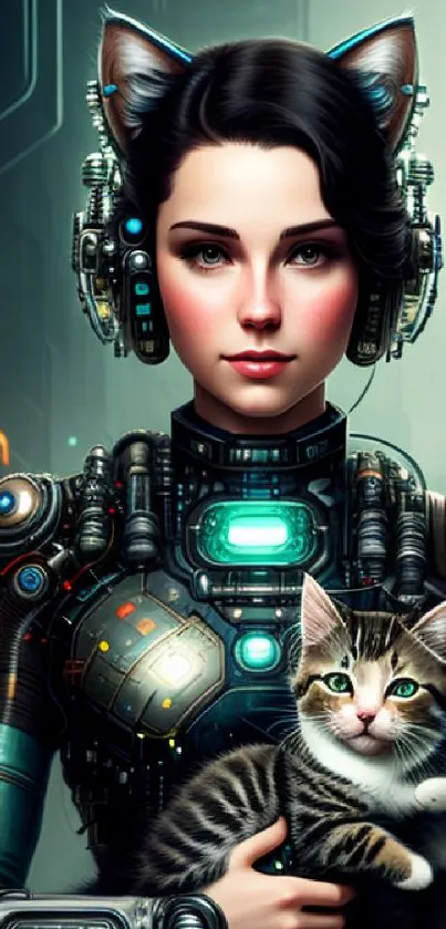 Cyborg woman with cat ears holding a kitten in a futuristic setting.