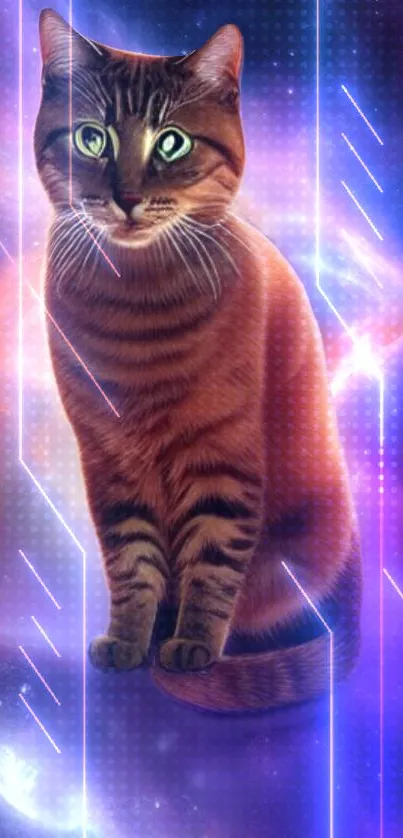 Futuristic cat in neon galaxy background with glowing lines.