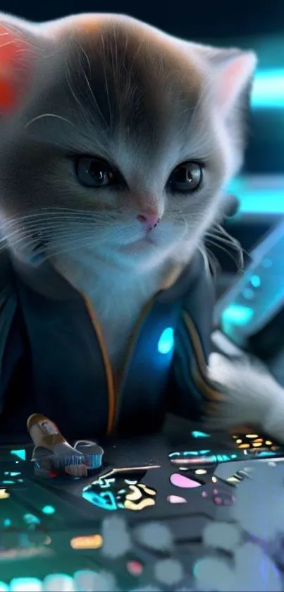 Cute cat in futuristic gaming setting with neon lights.