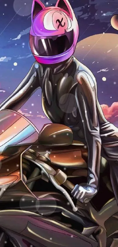 Futuristic biker with cat helmet at sunset.