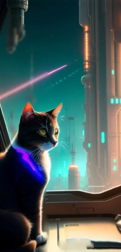 Futuristic cat gazing at neon city skyline.