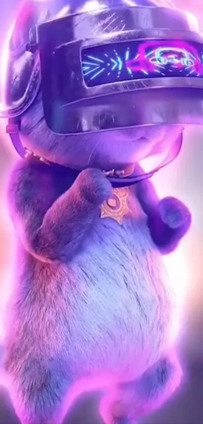 Neon cat with futuristic visor and purple glow.