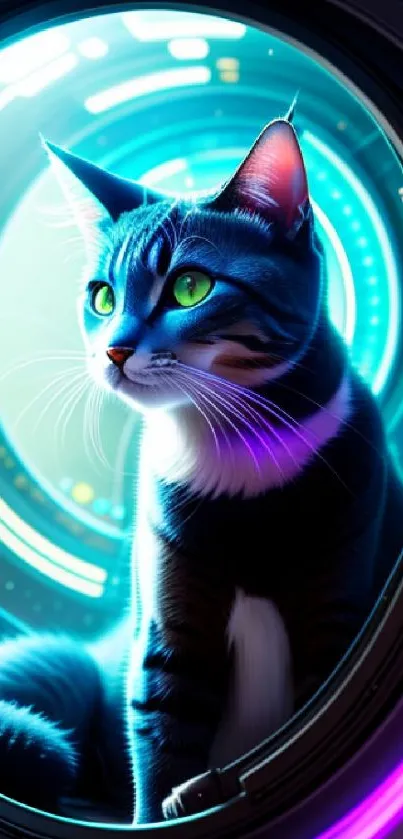 Futuristic cat sitting in a sci-fi inspired circular portal.