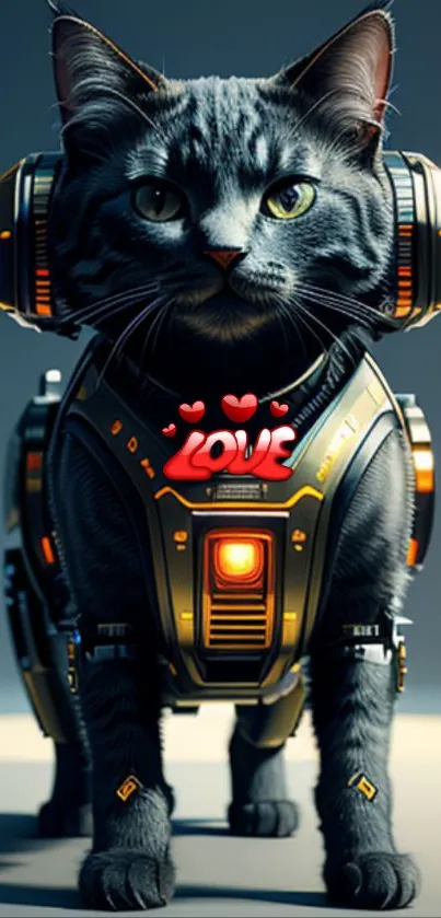 Cybernetic cat with love symbol, futuristic theme