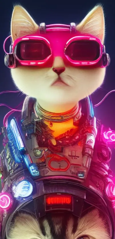 Futuristic cat with neon lights and cyberpunk style on dark background.