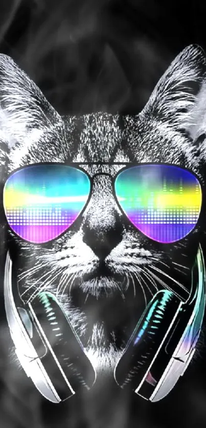 Cat with headphones and neon shades on black background.