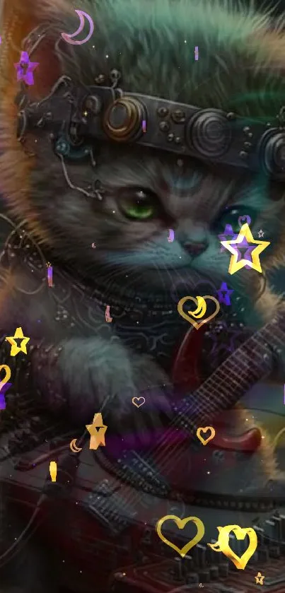 Futuristic cat playing guitar with neon effects.