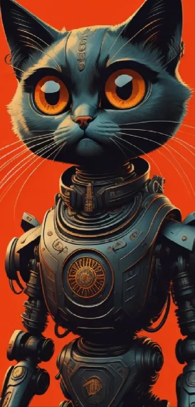 Cybernetic cat with orange backdrop, futuristic design.