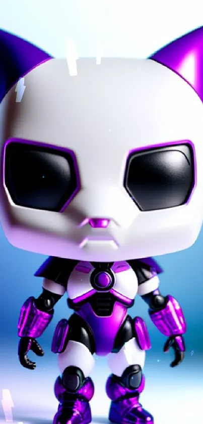 Futuristic cat robot with purple accents on a colorful background.