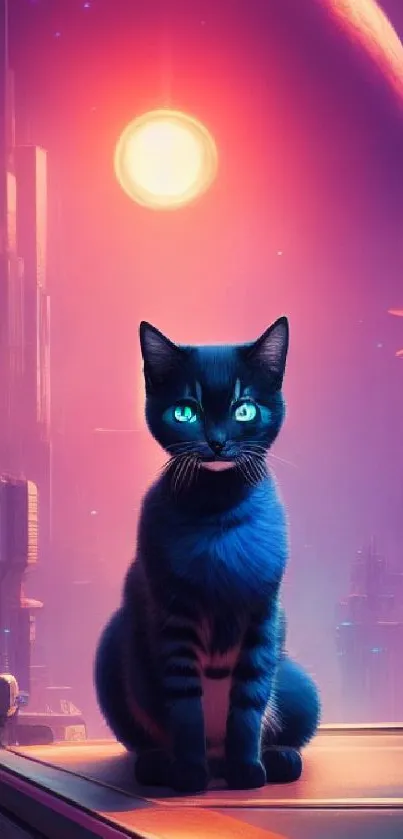 Futuristic scene with a cat under an alien sky.