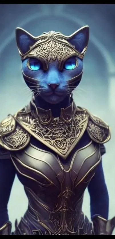 Futuristic cat warrior with blue eyes in ornate armor, mobile wallpaper.