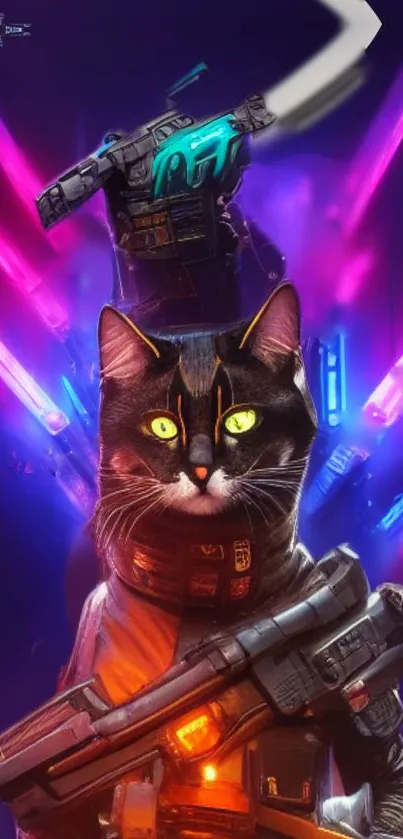 Futuristic cat warrior with neon lights and sci-fi elements.