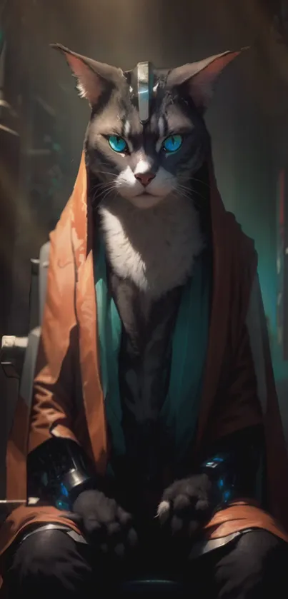 Futuristic cat with blue eyes in a sci-fi setting, wearing a robe.