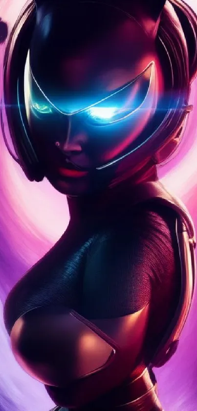 Futuristic Catwoman with glowing eyes in a purple-themed wallpaper.