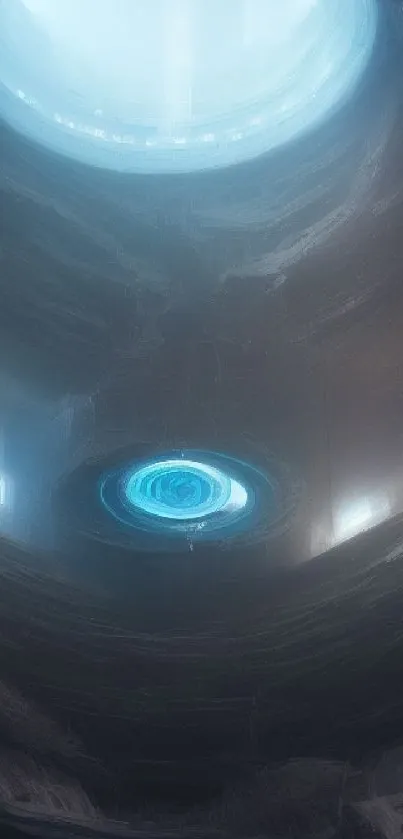 Futuristic cave with blue glowing rings and abstract design.
